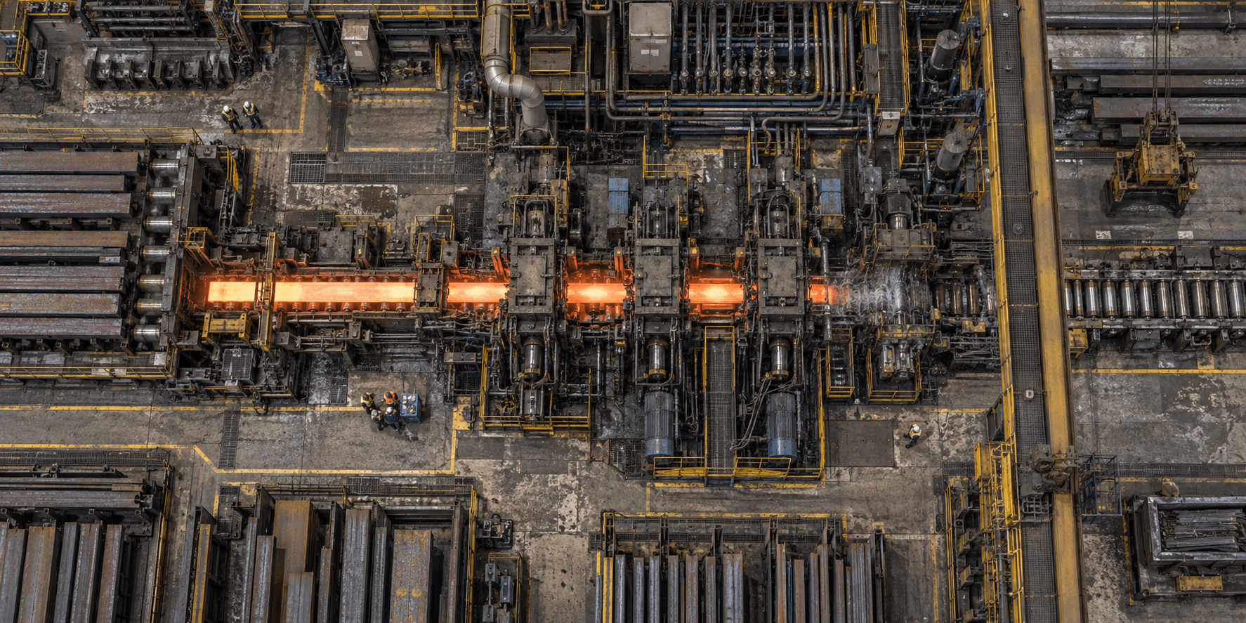 Direct overhead view of an industrial steel rolling operation