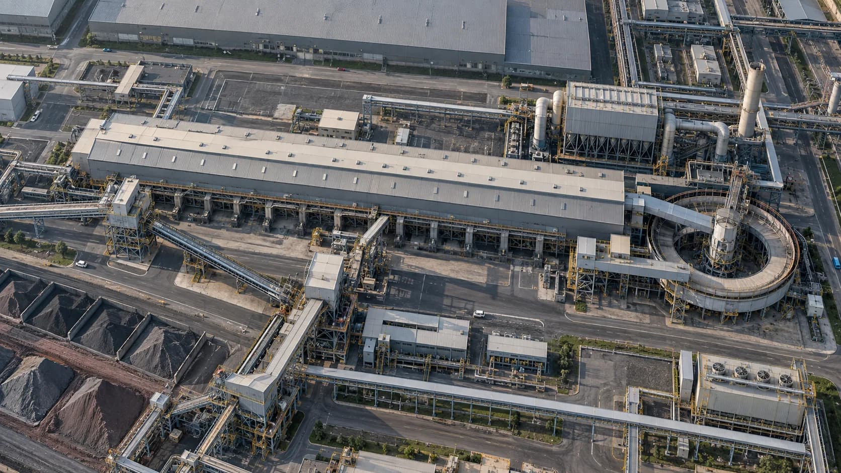 AI-generated aerial illustration of a sinter plant within an integrated steel plant